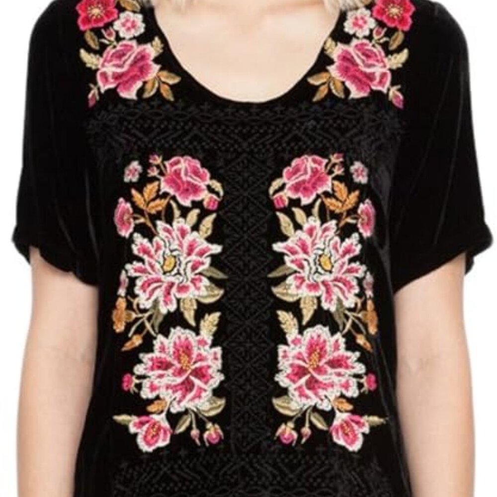 Johnny Was Hila Velvet Scoop Neck Tee Green Floral Extra Large